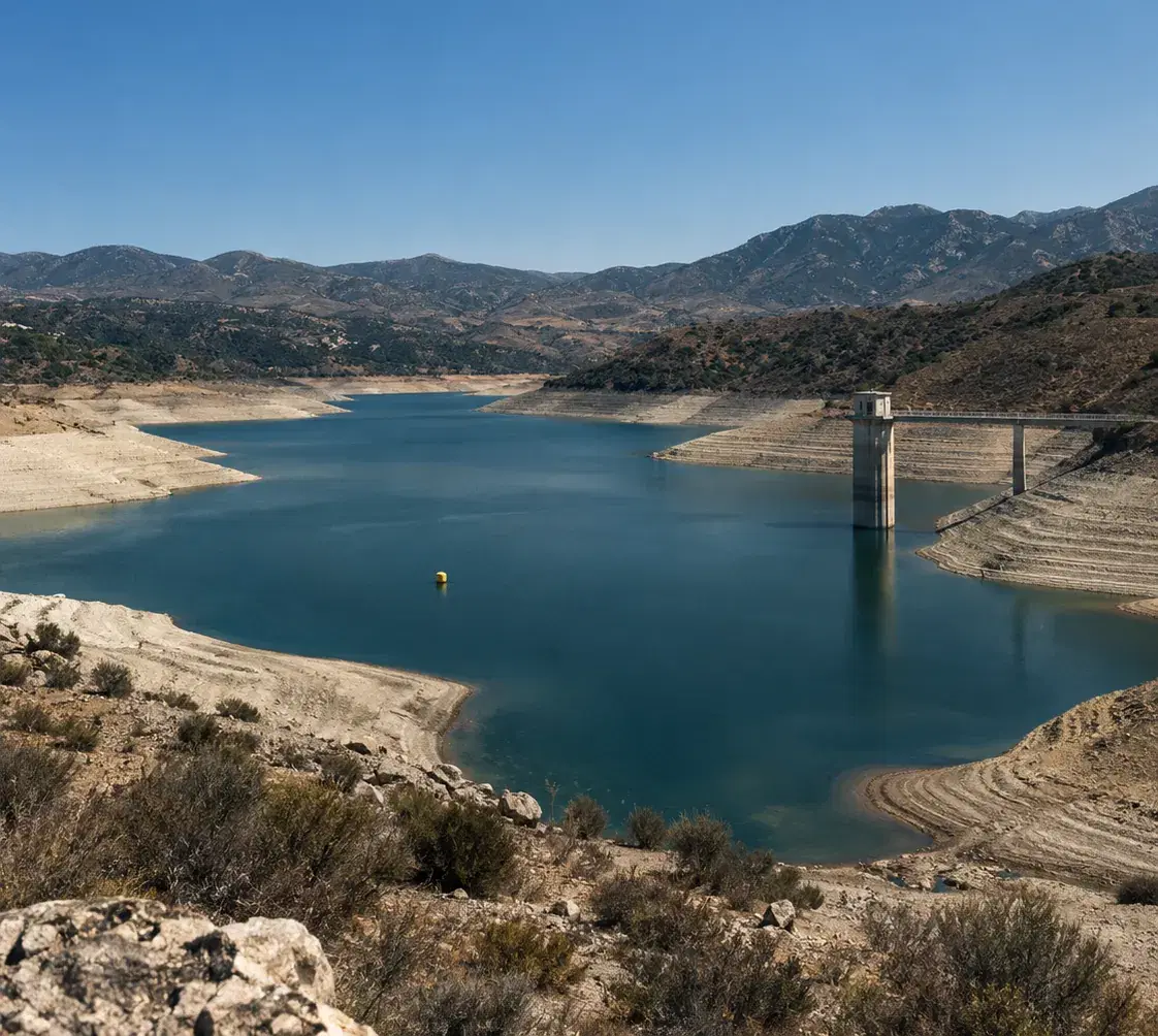 Embalse de hidroeléctrica con el nivel del agua bajo y la torre de captación a la vista