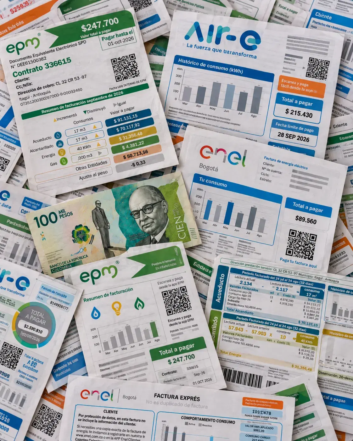 Facturas de energía de varios comercializadores con el valor a pagar y un billete de 100.000 pesos
