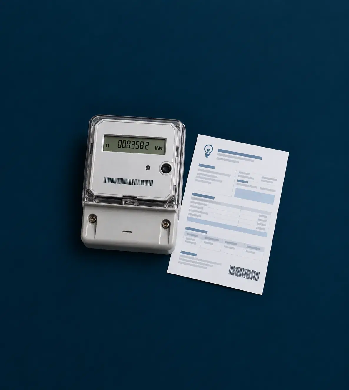 Medidor digital de luz que marca 358,2 kWh junto a una factura de energía