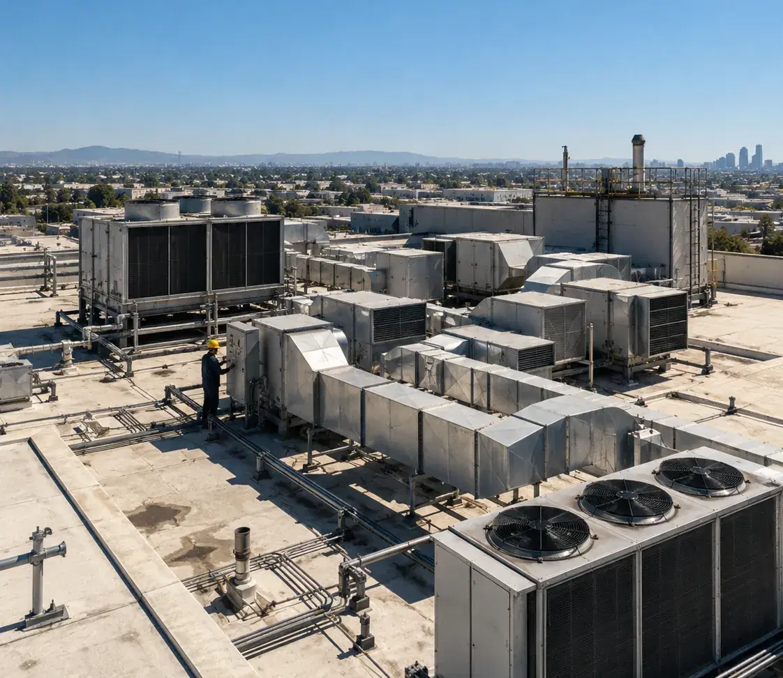 Técnico revisando los equipos eléctricos y de aire acondicionado en la azotea de una empresa
