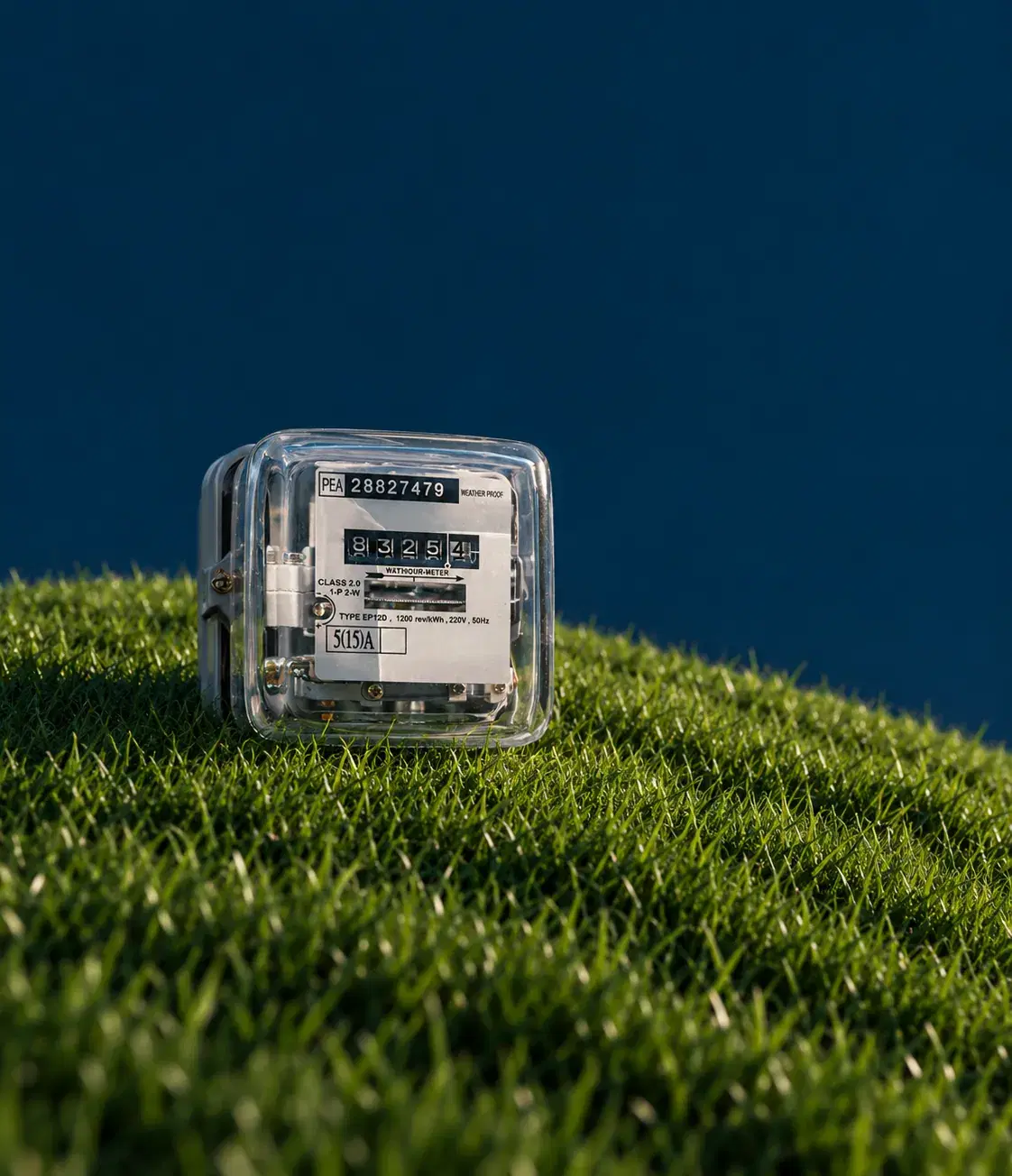 Medidor de energía eléctrica sobre el césped, con un cielo azul de fondo