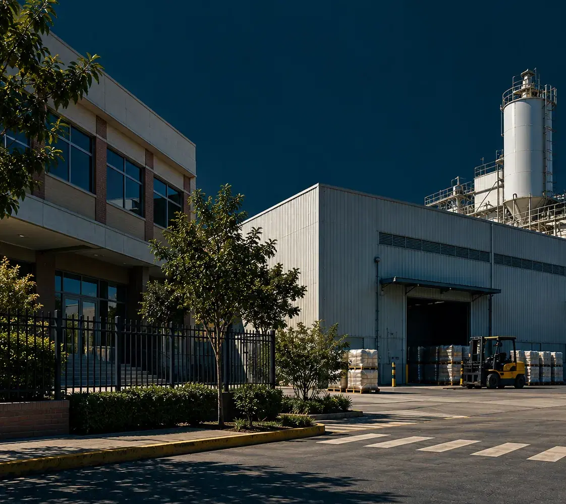 Planta industrial con oficinas, bodega y un montacargas moviendo carga